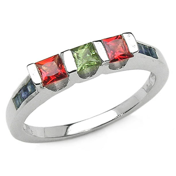 Bonyak Jewelry Genuine Oval Orange Sapphire Size 8.00 Green Sapphire and Yellow Sapphire Ring in Sterling Silver 